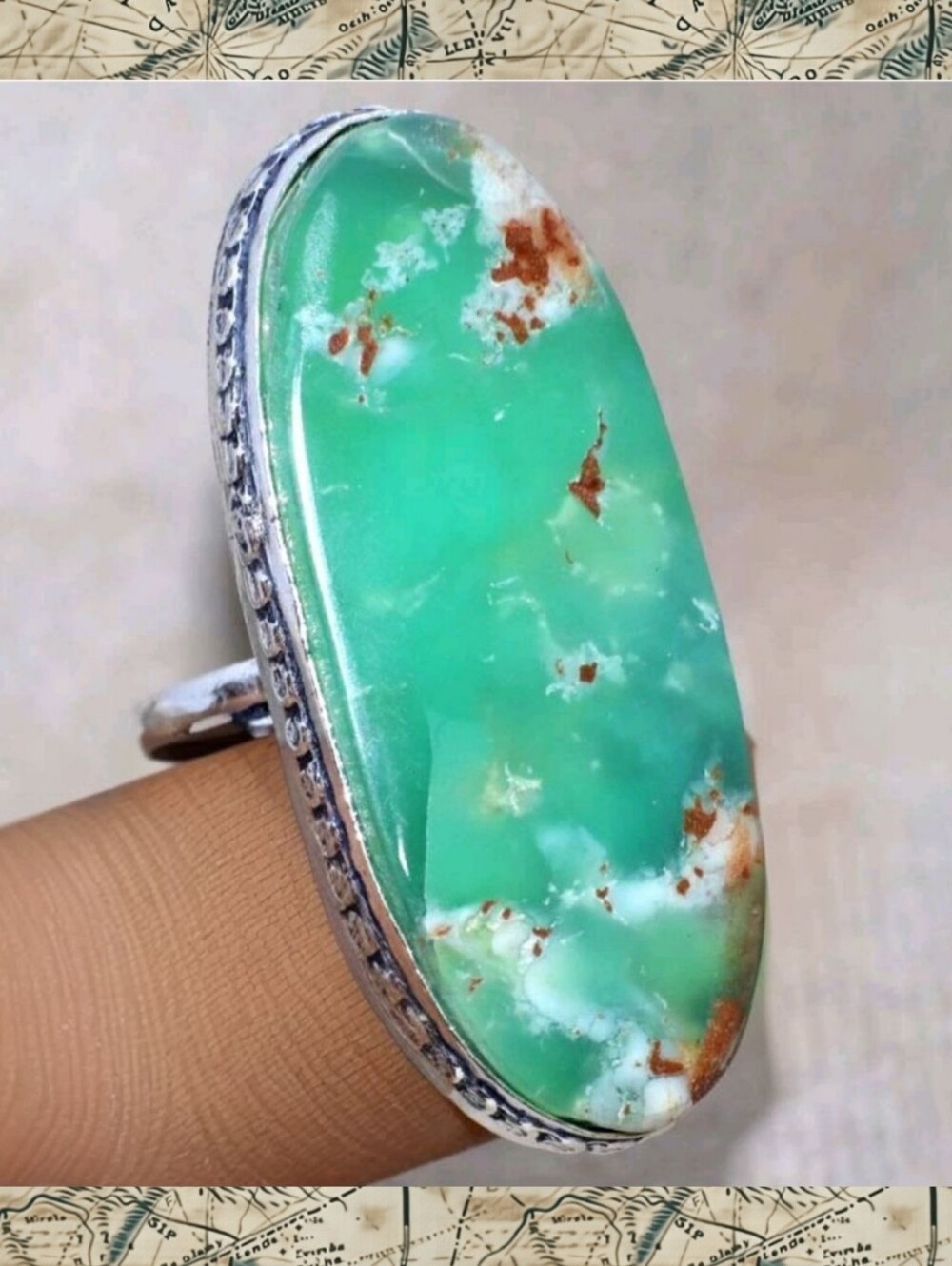 Massive Natural Chrysoprase Gemstone Chunky Handmade Ring - Picture 7 of 7